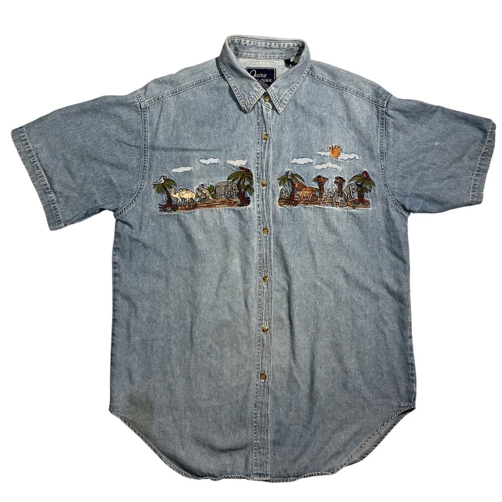 VTG Quizz Again Shirt Womens Medium Blue Jungle Animals Embroidered Hongkong